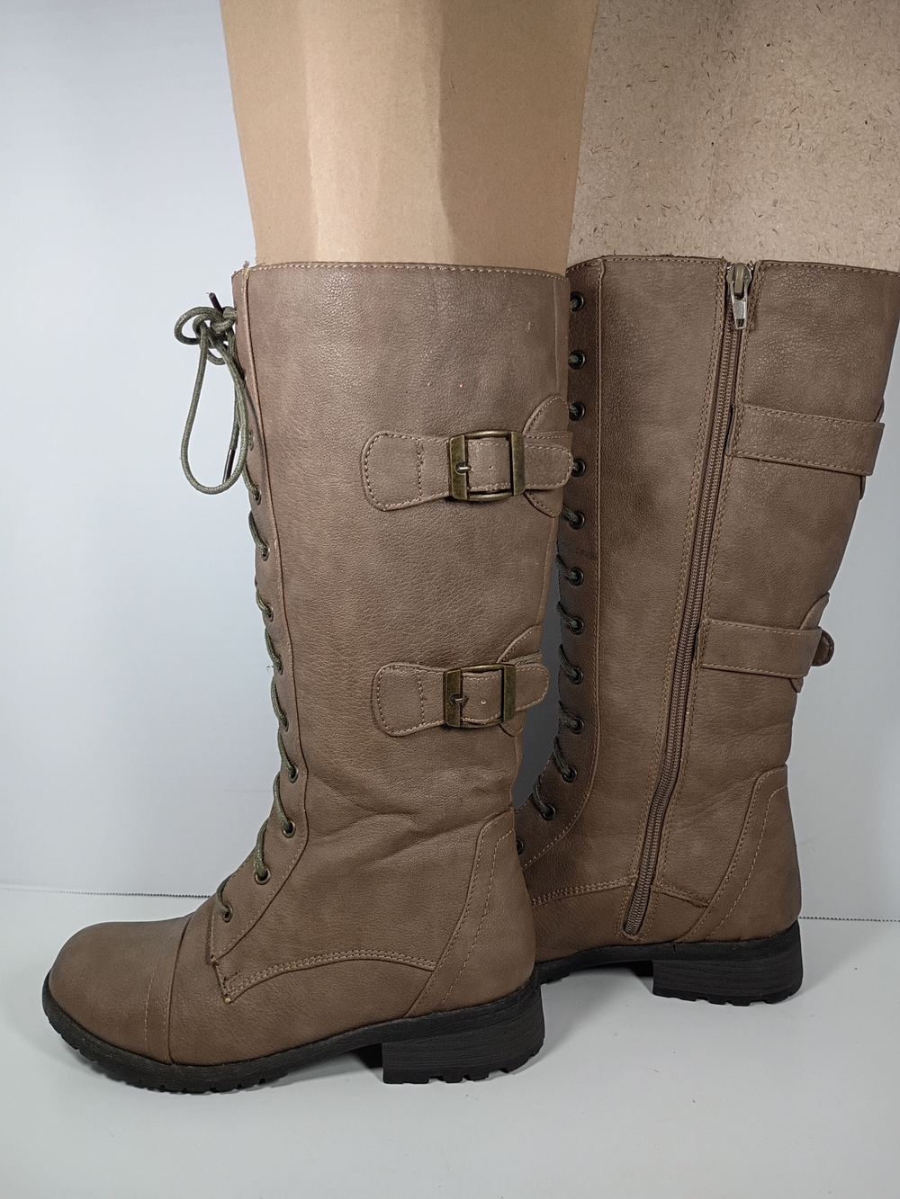 Charlotte Russe Taupe Knee High Combat Boot Lace Up Zip Buckle Round Toe Women 6